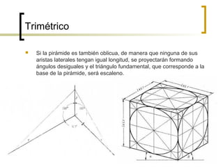 Trimétrico
 Si la pirámide es también oblicua, de manera que ninguna de sus
aristas laterales tengan igual longitud, se proyectarán formando
ángulos desiguales y el triángulo fundamental, que corresponde a la
base de la pirámide, será escaleno.
 