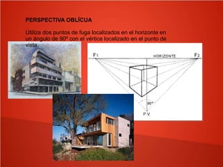 PERSPECTIVA OBLÍCUA
Utiliza dos puntos de fuga localizados en el horizonte en
un ángulo de 90º con el vértice localizado en el punto de
vista.
 
