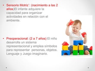 • Sensorio Motriz`: (nacimiento a las 2
años)El infante adquiere la
capacidad para organizar
actividades en relación con el
ambiente.
• Preoperacional: (2 a 7 años) El niño
desarrolla un sistema
representacional y emplea símbolos
para representar personas, objetos.
Lenguaje y Juego imaginario.
 