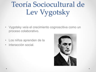 Teoría Sociocultural de
Lev Vygotsky
• Vygotsky veía el crecimiento cognoscitiva como un
proceso colaborativo.
• Los niños aprenden de la
• interacción social.
 