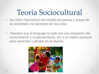 Teoría Sociocultural
• los niños internalizan los modos de pensar y actuar de
su sociedad y se apropian de sus usos.
• Recalca que el lenguaje no solo era una expresión del
conocimiento y el pensamiento, sin o un medio esencial
para aprender y pensar en el mundo.
 