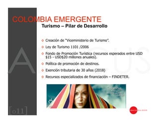 COLOMBIA EMERGENTE
        Turismo – Pilar de Desarrollo

        ◊  Creación de “Viceministerio de Turismo”.
        ◊  Ley de Turismo 1101 /2006
        ◊  Fondo de Promoción Turística (recursos esperados entre USD
           $15 - USD$20 millones anuales).
        ◊  Política de promoción de destinos.
        ◊  Exención tributaria de 30 años (2018)
        ◊  Recursos especializados de financiación – FINDETER.




[011]
 