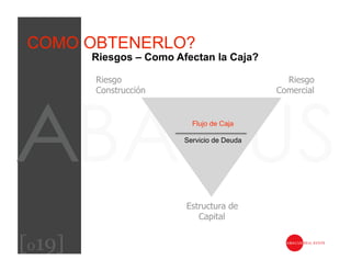 COMO OBTENERLO?
        Riesgos – Como Afectan la Caja?

        Riesgo                                 Riesgo
        Construcción                         Comercial


                           Flujo de Caja

                         Servicio de Deuda




                         Estructura de
                            Capital


[019]
 