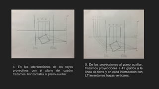 4. En las intersecciones de los rayos
proyectivos con el plano del cuadro
trazamos horizontales al plano auxiliar.
5. De las proyecciones al plano auxiliar,
trazamos proyecciones a 45 grados a la
línea de tierra y en cada intersección con
LT levantamos trazas verticales.
 