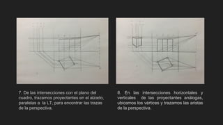 7. De las intersecciones con el plano del
cuadro, trazamos proyectantes en el alzado,
paralelas a la LT, para encontrar las trazas
de la perspectiva.
8. En las intersecciones horizontales y
verticales de las proyectantes análogas,
ubicamos los vértices y trazamos las aristas
de la perspectiva.
 