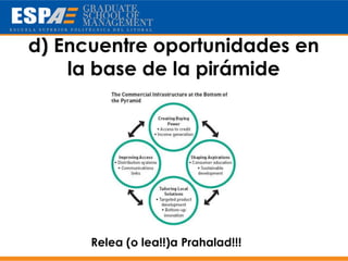 d) Encuentre oportunidades en
    la base de la pirámide




      Relea (o lea!!)a Prahalad!!!
 