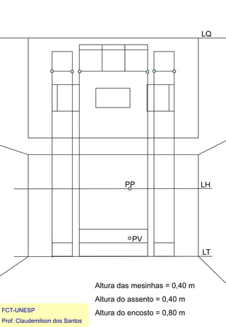 LQPPLHPVLTAltura das mesinhas = 0,40 m Altura do assento = 0,40 mAltura do encosto = 0,80 m