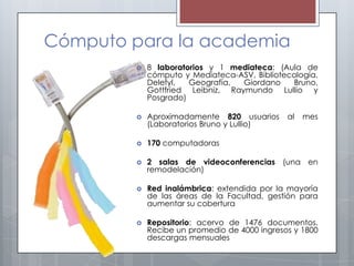 Cómputo para la academia
            8 laboratorios y 1 mediateca: (Aula de
             cómputo y Mediateca-ASV, Bibliotecología,
             Delefyl,  Geografía,  Giordano    Bruno,
             Gottfried Leibniz, Raymundo Lullio y
             Posgrado)

            Aproximadamente 820 usuarios      al   mes
             (Laboratorios Bruno y Lullio)

            170 computadoras

            2 salas de videoconferencias (una en
             remodelación)

            Red inalámbrica: extendida por la mayoría
             de las áreas de la Facultad, gestión para
             aumentar su cobertura

            Repositorio: acervo de 1476 documentos.
             Recibe un promedio de 4000 ingresos y 1800
             descargas mensuales
 