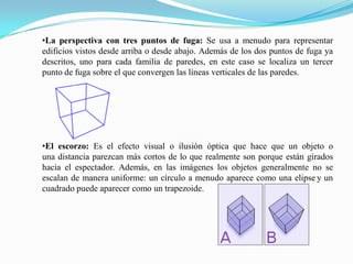 •La perspectiva con tres puntos de fuga: Se usa a menudo para representar
edificios vistos desde arriba o desde abajo. Además de los dos puntos de fuga ya
descritos, uno para cada familia de paredes, en este caso se localiza un tercer
punto de fuga sobre el que convergen las líneas verticales de las paredes.
•El escorzo: Es el efecto visual o ilusión óptica que hace que un objeto o
una distancia parezcan más cortos de lo que realmente son porque están girados
hacia el espectador. Además, en las imágenes los objetos generalmente no se
escalan de manera uniforme: un círculo a menudo aparece como una elipse y un
cuadrado puede aparecer como un trapezoide.
 