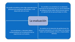 No puede concebirse como algo separado de los 
procesos de enseñanza-aprendizaje, ni del 
desarrollo del currículo. 
Se concibe y se convierte en un elemento 
esencial en los procesos de E-A, con la intención 
de elaborar juicios sobre dicho proceso para y 
en opinión de los que participan en ellos. 
Los estudiantes y docentes deben 
comprometerse en la evaluación de las 
experiencias curriculares. 
Se evalúa con la intención de perfeccionar los 
procesos educativos y en esto todos son actores, 
todos son participantes activos y responsables 
directos. 
La evaluación 
 