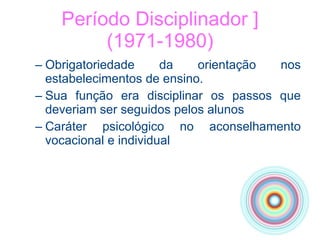 Período Disciplinador ](1971-1980) Obrigatoriedade da orientação nos estabelecimentos de ensino. Sua função era disciplinar os passos que deveriam ser seguidos pelos alunos Caráter psicológico no aconselhamento vocacional e individual 