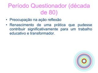 Período Questionador (década de 80) Preocupação na ação reflexão Renascimento de uma prática que pudesse contribuir significativamente para um trabalho educativo e transformador. 