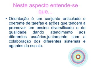 Neste aspecto entende-se que... Orientação é um conjunto articulado e coerente de tarefas e ações que tendem a promover um ensino diversificado e de qualidade dando atendimento aos diferentes usuários,juntamente com a colaboração dos diferentes sistemas e agentes da escola. 