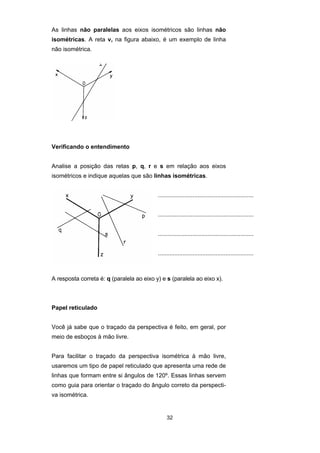 As linhas não paralelas aos eixos isométricos são linhas não 
isométricas. A reta v, na figura abaixo, é um exemplo de linha 
não isométrica. 
32 
Verificando o entendimento 
Analise a posição das retas p, q, r e s em relação aos eixos 
isométricos e indique aquelas que são linhas isométricas. 
.......................................................... 
.......................................................... 
.......................................................... 
.......................................................... 
A resposta correta é: q (paralela ao eixo y) e s (paralela ao eixo x). 
Papel reticulado 
Você já sabe que o traçado da perspectiva é feito, em geral, por 
meio de esboços à mão livre. 
Para facilitar o traçado da perspectiva isométrica à mão livre, 
usaremos um tipo de papel reticulado que apresenta uma rede de 
linhas que formam entre si ângulos de 120º. Essas linhas servem 
como guia para orientar o traçado do ângulo correto da perspecti-va 
isométrica. 
 