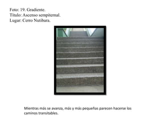 Foto: 19. Gradiente.
Título: Ascenso sempiternal.
Lugar: Cerro Nutibara.
Mientras más se avanza, más y más pequeñas parecen hacerse los
caminos transitables.
 