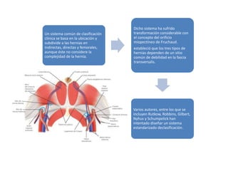 Un sistema común de clasificación
clínica se basa en la ubicación y
subdivide a las hernias en
indirectas, directas y femorales,
aunque éste no considere la
complejidad de la hernia.
Dicho sistema ha sufrido
transformación considerable con
el concepto del orificio
miopectíneo de Fruchaud.
estableció que los tres tipos de
hernias dependen de un sitio
común de debilidad en la fascia
transversalis.
Varios autores, entre los que se
incluyen Rutkow, Robbins, Gilbert,
Nyhus y Schumpelick han
intentado diseñar un sistema
estandarizado declasificación.
 