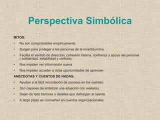 Perspectiva Simbólica
MITOS:
•   No son comprobables empíricamente.
•   Surgen para proteger a las personas de la incertidumbre.
•   Facilita el sentido de dirección, cohesión interna, confianza y apoyo del personal
    ( solidaridad, estabilidad y certeza).
•   Nos impiden ver información nueva
•   Nos impiden acceder a otras oportunidades de aprender.
ANÉCDOTAS Y CUENTOS DE HADAS:
•   Ayudan a la fácil recordación de sucesos en los oyentes.
•   Son capaces de sintetizar una situación con realismo.
•   Dejan de lado factores o detalles que distraigan al oyente.
•   A largo plazo se convierten en cuentos organizacionales.
 