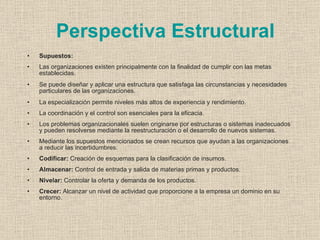 Perspectiva Estructural
•   Supuestos:
•   Las organizaciones existen principalmente con la finalidad de cumplir con las metas
    establecidas.
•   Se puede diseñar y aplicar una estructura que satisfaga las circunstancias y necesidades
    particulares de las organizaciones.
•   La especialización permite niveles más altos de experiencia y rendimiento.
•   La coordinación y el control son esenciales para la eficacia.
•   Los problemas organizacionales suelen originarse por estructuras o sistemas inadecuados
    y pueden resolverse mediante la reestructuración o el desarrollo de nuevos sistemas.
•   Mediante los supuestos mencionados se crean recursos que ayudan a las organizaciones
    a reducir las incertidumbres:
•   Codificar: Creación de esquemas para la clasificación de insumos.
•   Almacenar: Control de entrada y salida de materias primas y productos.
•   Nivelar: Controlar la oferta y demanda de los productos.
•   Crecer: Alcanzar un nivel de actividad que proporcione a la empresa un dominio en su
    entorno.
 