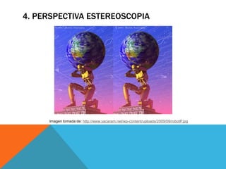 4. PERSPECTIVA ESTEREOSCOPIA
Imagen tomada de: http://www.yacaram.net/wp-content/uploads/2009/09/robotP.jpg
 