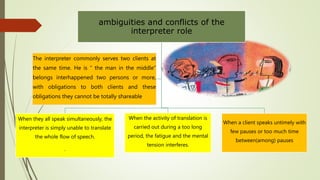 ambiguities and conflicts of the
interpreter role
When they all speak simultaneously, the
interpreter is simply unable to translate
the whole flow of speech.
.
When the activity of translation is
carried out during a too long
period, the fatigue and the mental
tension interferes.
When a client speaks untimely with
few pauses or too much time
between(among) pauses
The interpreter commonly serves two clients at
the same time. He is “ the man in the middle”
belongs interhappened two persons or more,
with obligations to both clients and these
obligations they cannot be totally shareable
 