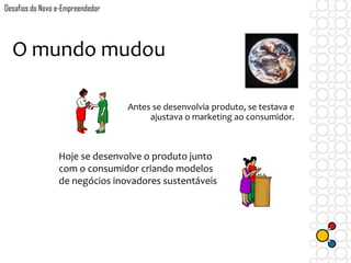 O mundo mudou
Antes se desenvolvia produto, se testava e
ajustava o marketing ao consumidor.
Hoje se desenvolve o produto junto
com o consumidor criando modelos
de negócios inovadores sustentáveis
Desafios do Novo e-Empreendedor
 