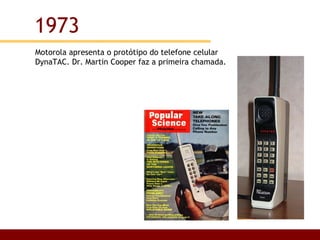 Motorola apresenta o protótipo do telefone celular DynaTAC. Dr. Martin Cooper faz a primeira chamada.  1973 