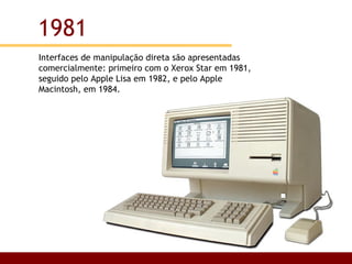 Interfaces de manipulação direta são apresentadas comercialmente: primeiro com o Xerox Star em 1981, seguido pelo Apple Lisa em 1982, e pelo Apple Macintosh, em 1984. 1981 
