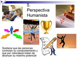 5.
Perspectiva
Humanista
Sostiene que las personas
controlan su comportamiento y
que por naturaleza tratan de
alcanzar su máximo potencial
