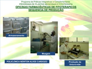 Programa de Práticas Integrativas e Complementares
         PROGRAMA DE PLANTAS MEDICINAIS E FITOTERAPIA
      OFICINAS FARMACÊUTICAS DE FITOTERAPICOS
               SEQUENCIA DE PRODUÇÃO




 Armazenamento




                              Moagem


POLICLÍNICA NEWTON ALVES CARDOZO                        Produção da
                                                        tintura-mãe
 