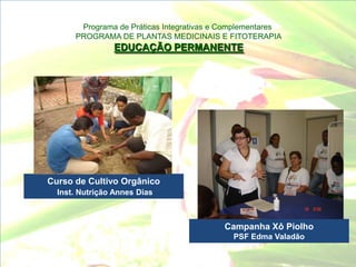Programa de Práticas Integrativas e Complementares
      PROGRAMA DE PLANTAS MEDICINAIS E FITOTERAPIA
                EDUCAÇÃO PERMANENTE




Curso de Cultivo Orgânico
  Inst. Nutrição Annes Dias



                                          Campanha Xô Piolho
                                             PSF Edma Valadão
 
