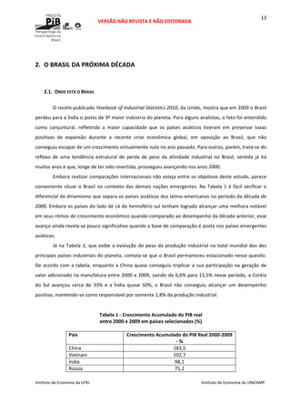  
VERSÃO NÃO REVISTA E NÃO EDITORADA 
 
 
Instituto de Economia da UFRJ  Instituto de Economia da UNICAMP 
 
13
 
2. O BRASIL DA PRÓXIMA DÉCADA 
 
2.1. ONDE ESTÁ O BRASIL 
 
O recém‐publicado Yearbook of Industrial Statistics 2010, da Unido, mostra que em 2009 o Brasil 
perdeu para a Índia o posto de 9ª maior indústria do planeta. Para alguns analistas, o fato foi entendido 
como  conjuntural,  refletindo  a  maior  capacidade  que  os  países  asiáticos  tiveram  em  preservar  taxas 
positivas  de  expansão  durante  a  recente  crise  econômica  global,  em  oposição  ao  Brasil,  que  não 
conseguiu escapar de um crescimento virtualmente nulo no ano passado. Para outros, porém, trata‐se do 
reflexo  de  uma  tendência  estrutural  de  perda  de  peso  da  atividade  industrial  no  Brasil,  sentida  já  há 
muitos anos e que, longe de ter sido revertida, prosseguiu avançando nos anos 2000.  
Embora realizar comparações internacionais não esteja entre os objetivos deste estudo, parece 
conveniente situar o Brasil no contexto das demais nações emergentes. Na Tabela 1 é fácil verificar o 
diferencial de dinamismo que separa os países asiáticos dos latino‐americanos no período da década de 
2000. Embora os países do lado de cá do hemisfério sul tenham logrado alcançar uma melhora notável 
em seus ritmos de crescimento econômico quando comparado ao desempenho da década anterior, esse 
avanço ainda revela‐se pouco significativo quando a base de comparação é posta nos países emergentes 
asiáticos.  
Já na Tabela 2, que exibe a evolução do peso da produção industrial na total mundial dos dez 
principais países industriais do planeta, contata‐se que o Brasil permaneceu estacionado nesse quesito. 
De acordo com a tabela, enquanto a China quase conseguiu triplicar a sua participação na geração de 
valor adicionado na manufatura entre 2000 e 2009, saindo de 6,6% para 15,5% nesse período, a Coréia 
do  Sul  avançou  cerca  de  33%  e  a  Índia  quase  50%,  o  Brasil  não  conseguiu  alcançar  um  desempenho 
positivo, mantendo‐se como responsável por somente 1,8% da produção industrial.  
 
 
Tabela 1 ‐ Crescimento Acumulado do PIB real 
entre 2000 e 2009 em países selecionados (%) 
 
País  Crescimento Acumulado do PIB Real 2000‐2009 
‐ % 
China  183,5 
Vietnam  102,7 
Índia  98,1 
Rússia  75,2 
 