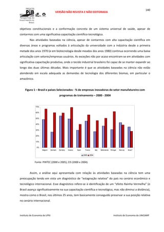  
VERSÃO NÃO REVISTA E NÃO EDITORADA 
 
 
Instituto de Economia da UFRJ  Instituto de Economia da UNICAMP 
 
140
objetivos  constitucionais  e  a  conformação  concreta  de  um  sistema  universal  de  saúde,  apesar  de 
contarmos com uma significativa capacitação científico‐tecnológica.  
Nas  atividades  baseadas  na  ciência,  apesar  de  contarmos  com  alta  capacitação  científica  em 
diversas  áreas  e  programas  voltados  à  articulação  da  universidade  com  a  indústria  desde  a  primeira 
metade dos anos 1970 (e em biotecnologia desde meados dos anos 1980) continua ocorrendo uma baixa 
articulação com setores/empresas usuários. As exceções não por acaso encontram‐se em atividades com 
significativa capacitação produtiva, onde o tecido industrial brasileiro foi capaz de se manter expandir ao 
longo  das  duas  últimas  décadas.  Mais  importante  é  que  as  atividades  baseadas  na  ciência  não  estão 
atendendo  em  escala  adequada  as  demandas  de  tecnologia  dos  diferentes  biomas,  em  particular  o 
amazônico. 
 
Figura 1 – Brasil e países Selecionados ‐ % de empresas inovadoras do setor manufatureiro com 
programas de treinamento – 2000 ‐ 2004 
 
 
Fonte: PINTEC (2000 e 2005), CIS (2000 e 2004). 
 
Assim,  a  análise  aqui  apresentada  com  relação  às  atividades  baseadas  na  ciência  tem  uma 
preocupação tendo em vista um diagnóstico de “estagnação relativa” do país no cenário econômico e 
tecnológico internacional. Esse diagnóstico refere‐se à identificação de um “efeito Rainha Vermelha” (o 
Brasil avança significativamente na sua capacitação científica e tecnológica, mas não diminui a distância), 
mostra como o Brasil, nos últimos 25 anos, tem basicamente conseguido preservar a sua posição relativa 
no cenário internacional.  
0%
10%
20%
30%
40%
50%
60%
70%
Belgium Denmark Germany Greece Spain France Italy Netherlands Portugal Norw ay Brazil *
2000 2004
 