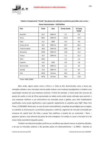  
VERSÃO NÃO REVISTA E NÃO EDITORADA 
 
 
Instituto de Economia da UFRJ  Instituto de Economia da UNICAMP 
 
143
 
Tabela 1 Componente “Verde” dos planos de estímulo econômico para lidar com a crise – 
Países Selecionados – US$ bilhões 
País  Total  Ano  Comp Verde  % Comp 
Verde 
Austrália  26,7  2009‐12  2,5  9,3 
China  586,1  2009‐10  221,3  37,8 
Índia  13,7  2009  0,0  0,0 
Coréia do Sul  38,1  2009‐12  30,7  80,5 
União Européia  38,8  2009‐10  22,8  58,7 
Alemanha  104,8  2009‐10  13,8  13,2 
França  33,7  2009‐10  7,1  21,2 
Itália  103,5    1,3  1,3 
Espanha  14,2  2099  0,8  5,8 
Reino Unido  30,4  2009‐12  2,1  6,9 
Canadá  31,8  2009‐13  2,6  8,3 
EUA  185,0  10 anos  18,2  9,8 
  787,0  10 anos  94,1  12,0 
Fonte: HSBC (2009) 
 
Mais  ainda,  alguns  países  como  a  China  e  a  Índia  já  têm  demonstrado  como  a  busca  por 
inovações voltada a seus mercados internos pode sinalizar uma mudança paradigmática e também uma 
capacitação inovativa de suas empresas nacionais. A título de exemplo, a maior parte dos recursos do 
pacote de auxílio à crise da China apresentado na tabela acima estão sendo utilizados para permitir a 
suas  empresas  melhorar  a  sua  concorrência  nos  mercados  locais  e  globais,  para  reter  trabalhadores 
qualificados numa escala significativa e para expandir rapidamente os subsídios para P&D” (New York 
Times, 17/03/2009). Neste país, no caso do setor automobilístico, arquétipo do paradigma que se esgota, 
os subsídios se direcionaram a automóveis pequenos e elétricos, segmento de mercado controlado por 
empresas  de  capital  local.  Na  Índia,  o  grupo  Tata  viabilizou  o  projeto  de  um  automóvel  –  Nano  – 
pequeno, barato e mais eficiente do ponto de vista energético. Em ambos os casos o mercado foi o da 
classe média ascendente daqueles países. 
Também nas telecomunicações confirma‐se a tendência que deverá marcar as próximas décadas, 
a  de  que  os  mercados  asiáticos  e  dos  grandes  países  em  desenvolvimento  –  os  BRICS  –  deverão  se 
 