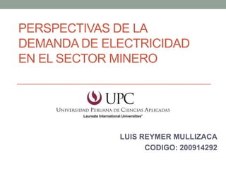 PERSPECTIVAS DE LA
DEMANDA DE ELECTRICIDAD
EN EL SECTOR MINERO




             LUIS REYMER MULLIZACA
                   CODIGO: 200914292
 