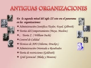 ANTIGUAS ORGANIZACIONESEn  la segunda mitad del siglo XX este era el panorama en las  organizaciones:Administración Científica (Taylor, Fayol, Gilbreth) 