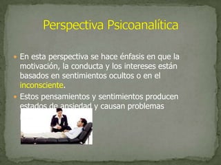 En esta perspectiva se hace énfasis en que la motivación, la conducta y los intereses están basados en sentimientos ocultos o en el inconsciente.Estos pensamientos y sentimientos producen estados de ansiedad y causan problemas psicológicos.Perspectiva Psicoanalítica