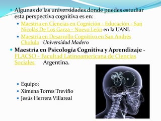 Algunas de las universidades donde puedes estudiar esta perspectiva cognitiva es en:Maestría en Ciencias en Cognición - Educación - San Nicolás De Los Garza - Nuevo León en la UANLMaestría en Desarrollo Cognitivo en San Andrés Cholula   Universidad MaderoMaestría en Psicología Cognitiva y Aprendizaje - FLACSO - Facultad Latinoamericana de Ciencias Sociales en Argentina. Equipo:Ximena Torres Treviño Jesús Herrera Villareal 