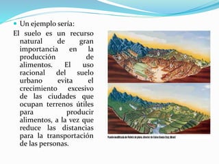  Un ejemplo sería:
El suelo es un recurso
natural de gran
importancia en la
producción de
alimentos. El uso
racional del suelo
urbano evita el
crecimiento excesivo
de las ciudades que
ocupan terrenos útiles
para producir
alimentos, a la vez que
reduce las distancias
para la transportación
de las personas.
 