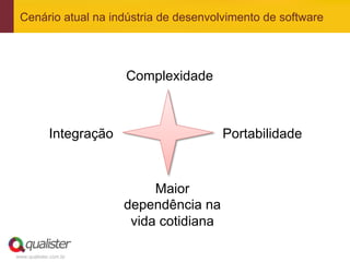 Cenário atual na indústria de desenvolvimento de software




                          Complexidade



             Integração                     Portabilidade



                               Maior
                          dependência na
                           vida cotidiana

www.qualister.com.br
 