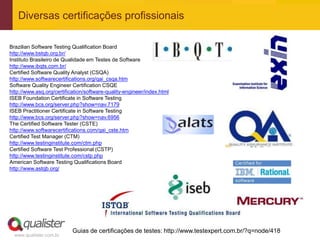 Diversas certificações profissionais

Brazilian Software Testing Qualification Board
http://www.bstqb.org.br/
Instituto Brasileiro de Qualidade em Testes de Software
http://www.ibqts.com.br/
Certified Software Quality Analyst (CSQA)
http://www.softwarecertifications.org/qai_csqa.htm
Software Quality Engineer Certification CSQE
http://www.asq.org/certification/software-quality-engineer/index.html
ISEB Foundation Certificate in Software Testing
http://www.bcs.org/server.php?show=nav.7179
ISEB Practitioner Certificate in Software Testing
http://www.bcs.org/server.php?show=nav.6956
The Certified Software Tester (CSTE)
http://www.softwarecertifications.com/qai_cste.htm
Certified Test Manager (CTM)
http://www.testinginstitute.com/ctm.php
Certified Software Test Professional (CSTP)
http://www.testinginstitute.com/cstp.php
American Software Testing Qualifications Board
http://www.astqb.org/




                           Guias de certificações de testes: http://www.testexpert.com.br/?q=node/418
  www.qualister.com.br
 