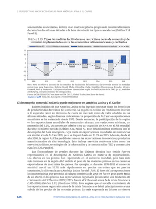 2. Perspectivas macroeconómicas para América Latina y el Caribe
124 PERSPECTIVAS ECONÓMICAS DE AMÉRICA LATINA 2018 © OCDE/NACIONES UNIDAS/CAF 2018
son medidas arancelarias, ámbito en el cual la región ha progresado considerablemente
durante las dos últimas décadas a la hora de reducir los tipos arancelarios (Gráfico 2.18
Panel B).
Gráfico 2.19. Tipos de medidas facilitadoras o restrictivas netas de comercio y de
inversión implementadas entre las economías latinoamericanas y caribeñas
-20
-15
-10
-5
0
5
10
15
2009 2010 2011 2012 2013 2014 2015 2016
Medidas IED Medidas no arancelarias Medidas arancelarias Instrumento no clasificado Neto
Nota: Neto se refiere a la suma de las medidas de facilitación del comercio y la inversión menos las medidas
restrictivas para Argentina, Bolivia, Brasil, Chile, Colombia, Cuba, República Dominicana, Ecuador, México,
Panamá, Perú y Venezuela. Excluyen soluciones comerciales según la clasificación de la OMC (p. ej., medidas
antidumping, compensatorias y de salvaguardia).
Fuente: OCDE/CEPAL/CAF con base en GTA (2017), Global Trade Alert (base de datos).
12 http://dx.doi.org/10.1787/888933664326
El desempeño comercial todavía puede mejorarse en América Latina y el Caribe
Existen indicios de que América Latina no ha logrado cosechar todos los beneficios
de productividad derivados del comercio. La región ha tenido un rendimiento inferior
a lo esperado tanto en términos de cuota de mercado como de valor añadido en las
últimas décadas, según diversos indicadores. La proporción de ALC en las exportaciones
mundiales se ha estancado desde 1970. Desde entonces, la participación de la región
en las exportaciones mundiales de mercancías alcanza, con variaciones mínimas, un
promedio del 5.2%, un porcentaje inferior a su participación del 6.4% en el PIB mundial
durante el mismo período (Gráfico 2.20, Panel A). Este estancamiento contrasta con el
desempeño del Asia emergente, cuya cuota de exportaciones mundiales de mercancías
era similar a la de ALC en 1970, pero se disparó hasta un 31.3% en 2015. Además, desde el
año 2000, la región ALC ha perdido terreno en las exportaciones de servicios y productos
manufacturados de alta tecnología. Esto incluye servicios modernos tales como los
servicios jurídicos, tecnologías de la información y la comunicación (TIC) y comerciales
(Gráfico 2.20, Panel B).
Las fluctuaciones de precios durante las últimas décadas han tenido fuertes
repercusiones en el desempeño de América Latina en materia de exportaciones.
Los efectos en los precios han repercutido en el comercio mundial, pero han sido
más intensos en la región ALC debido al peso de las materias primas en las canastas
exportadoras de casi todos los países. Por ejemplo, si durante 1995-2015 el comercio
mundial creció un 10.2% más rápidamente en precios corrientes que en precios
constantes, la diferencia para América Latina fue del 17.8%. El boom de las exportaciones
latinoamericanas que precedió al colapso comercial de 2008-09 fue en gran parte fruto
de un efecto en los precios. Las exportaciones regionales presentaron una tendencia de
crecimiento del 3.2% entre 2009 y 2015, frente al 5.1% anual antes de la crisis financiera
(1995-2008) (Gráfico 2.21) (Giordano, 2016). Esto sugiere que el notable crecimiento de
las exportaciones registrado antes de la crisis financiera se debió principalmente a una
subida de los precios de las materias primas. La serie expresada en dólares corrientes
 