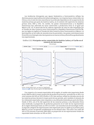 2. Perspectivas macroeconómicas para América Latina y el Caribe
127
PERSPECTIVAS ECONÓMICAS DE AMÉRICA LATINA 2018 © OCDE/NACIONES UNIDAS/CAF 2018
Las tendencias divergentes que siguen Sudamérica y Centroamérica reflejan las
distintas pautas exportadoras de ambas subregiones. Los mayores lazos comerciales con
China y con el resto de Asia exacerbaron la ya elevada dependencia de la exportación de
materias primas por parte de América Latina, en el contexto del superciclo de materias
primas entre 2003 y 2011. En cambio, los países centroamericanos y la República
Dominicana han reforzado los lazos comerciales y productivos entre sí, al igual que
México y EE. UU. El desarrollo de las cadenas regionales de valor ha sido respaldado por
el Tratado de Libre Comercio entre Centroamérica y República Dominicana (CAFTA-DR,
por sus siglas en inglés) y el Tratado de Libre Comercio entre Centroamérica y México. La
participación en las redes de manufacturas ha permitido a los países centroamericanos
(CostaRicaeselejemplomásclaro)penetrarennuevosnichosydiversificargradualmente
sus exportaciones.
Gráfico 2.22. Principales socios comerciales de América Latina y el Caribe en el
comercio de mercancías
Porcentajes
0
10
20
30
40
50
60
70
2000 2005 2010 2015
%
Panel A. Exportaciones
0
10
20
30
40
50
60
2000 2005 2010 2015
%
Panel B. Importaciones
China UE- 28 Estados Unidos ALC
Fuente: OCDE/CEPAL/CAF, con base en COMTRADE.
12 http://dx.doi.org/10.1787/888933664383
Con respecto a la canasta exportadora de la región, el cambio más importante desde
el año 2000 ha sido la mayor proporción de productos primarios: ascendió de un 28% a un
nivel máximo del 42% en 2012 (Gráfico 2.23). Este ascenso reflejó los elevados precios de
las materias primas durante la mayor parte de ese período, pero también el aumento de
los volúmenes exportados como respuesta a una demanda sostenida por parte de China.
Desde el 2013, con el fin del superciclo de las materias primas y una demanda China
más moderada, la proporción de productos primarios en el valor de las exportaciones
de la región disminuyó hasta un 35% en el 2015. Las manufacturas de tecnología media,
la segunda categoría de exportaciones más importante para la región (y la primera para
México), se han recuperado notablemente en los últimos años. Tras sufrir una caída del
26% al 21% durante el período 2000-2009, su proporción en las exportaciones totales ha
repuntado hasta alcanzar un 29% en 2015.
 