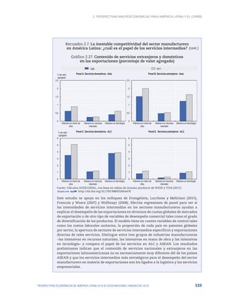 2. Perspectivas macroeconómicas para América Latina y el Caribe
133
PERSPECTIVAS ECONÓMICAS DE AMÉRICA LATINA 2018 © OCDE/NACIONES UNIDAS/CAF 2018
Recuadro 2.7. La inestable competitividad del sector manufacturero
en América Latina: ¿cuál es el papel de los servicios intermedios?
Gráfico 2.27. Contenido de servicios extranjeros y domésticos
en las exportaciones (porcentaje de valor agregado)
0
0.5
1
1.5
2
2.5
Intensivo en mano de
obra
Intensivo en recursos
naturales
Intensivo en tecnología
% de valor
agregado
Panel A. Servicios domesticos - Asia
0
0.5
1
1.5
2
2.5
Intensivo en mano de
obra
Intensivo en recursos
naturales
Intensivo en tecnología
Panel B. Servicios extranjeros - Asia
0
1
2
3
4
5
6
Intensivo en mano de
obra
Intensivo en recursos
naturales
Intensivo en tecnología
% de valor
agregado
Panel C. Servicios domesticos - ALC
0
1
2
3
4
5
6
Intensivo en mano de
obra
Intensivo en recursos
naturales
Intensivo en tecnología
Panel D. Servicios extranjeros - ALC
1995 2011
Fuente: Cálculos OCDE/CEPAL, con base en tablas de insumo-producto de WIOD y TiVA (2017).
12 http://dx.doi.org/10.1787/888933664478
Este estudio se apoya en los enfoques de Evangelista, Lucchese y Meliciani (2015),
Francois y Woerz (2007) y Wolfmayr (2008). Efectúa regresiones de panel para ver si
las intensidades de servicios intermedios en los sectores manufactureros ayudan a
explicar el desempeño de las exportaciones en términos de cuotas globales de mercados
de exportación o de otro tipo de variables de desempeño comercial tales como el grado
de diversificación de los productos. El modelo tiene en cuenta variables de control tales
como los costos laborales unitarios, la proporción de cada país en patentes globales
por sector, la apertura de sectores de servicios intermedios específicos y exportaciones
directas de tales servicios. Distingue entre tres grupos de industrias manufactureras
–las intensivas en recursos naturales, las intensivas en mano de obra y las intensivas
en tecnología– y compara el papel de los servicios en ALC y ASEAN. Los resultados
preliminares indican que el contenido de servicios nacionales y extranjeros en las
exportaciones latinoamericanas no es necesariamente muy diferente del de los países
ASEAN y que los servicios intermedios más estratégicos para el desempeño del sector
manufacturero en materia de exportaciones son los ligados a la logística y los servicios
empresariales.
(cont.)
 
