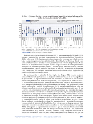 2. Perspectivas macroeconómicas para América Latina y el Caribe
135
PERSPECTIVAS ECONÓMICAS DE AMÉRICA LATINA 2018 © OCDE/NACIONES UNIDAS/CAF 2018
Gráfico 2.28. Contribución e impacto relativos de las políticas sobre la integración
en las cadenas globales de valor, 2011
-0.2
-0.1
0
0.1
0.2
0.3
0.4
0.5
Rusia
Noruega
Suiza
Islandia
Sudáfrica
Colombia
Brasil
Argentina
Chile
Costa
Rica
México
Arabia
Saudita
Turquía
Túnez
Estados
Unidos
Australia
Nueva
Zelanda
India
Brunei
Darussalam
Indonesia
Japón
Hong
Kong,
China
Filipinas
China
Cambodia
Tailandia
Malasia
Corea
Singapur
EAC AL MENA SEA
Bajo/sobre rendimiento Constante y no relacionado a políticas públicas
Política comercial Apertura a la IED
Total
Nota: EAC se refiere a Europa y Asia Central. AL se refiere a América Latina. MENA (por sus cifras en inglés) se
refiere a Medio Oriente y norte de África y SEA se refiere al sudeste de Asia.
Fuente: OCDE (2015); Cadestin, Gourdon y Kowalski (2016).
12 http://dx.doi.org/10.1787/888933664497
Los Indicadores de Facilitación del Comercio (TFI, por sus siglas en inglés) de la OCDE
ofrecen a los gobiernos una base para priorizar las acciones que facilitan el comercio
(Moïsé y Sorescu, 2013). Las cargas regulatorias para las empresas son relativamente
bajas en algunos países de la región (incluidos Colombia, Perú, México y Chile), pero
considerablemente más elevadas en otros, como Venezuela y Bolivia. La protección de los
Derechos de Propiedad Intelectual (DPI) muestra un grado similar de heterogeneidad en
la región. Con pocas excepciones (Panamá, Chile, Uruguay), la eficiencia de los trámites
aduaneros es baja. Dada la demanda más volátil de las CGV y la necesidad de adaptarse
a las condiciones del mercado, los países latinoamericanos necesitan estándares de
logística e infraestructura adecuados.
La armonización y rediseño de las Reglas de Origen (RO) podrían mejorar
considerablemente la participación de los países latinoamericanos en las redes globales
de producción. Las regulaciones socavan con frecuencia la densidad de los acuerdos
comerciales preferenciales (ACP) intrarregionales y extra-regionales en América Latina.
La evidencia reciente identifica las reglas de origen como un factor sensible (Powell,
2017). Estas normas establecen las condiciones necesarias para que un producto tenga
acceso preferencial a un ACP. Desde la perspectiva de las cadenas globales de valor, las
RO tienen un efecto negativo en la formación de cadenas de valor dentro y fuera de los
acuerdos comerciales preferenciales. En promedio, se calcula que las reglas de origen
tienen equivalentes arancelarios de alrededor del 9% para las importaciones de productos
intermedios en la región (Cadestin, Gourdon y Kowalski, 2016). Un enfoque más flexible
de las normas de origen parece ser útil para superar estos efectos, como ilustran varios
países de la región con niveles más elevados de participación en las CGV (p. ej., México).
La renegociación de las reglas de origen para productos específicos y la mejora en su
diseño mediante enmiendas de certificación, reglas de minimis y acumulación de origen
pueden contribuir a mejorar la flexibilidad. Pero este proceso es largo y costoso. Otra
alternativa consistiría en reducir los aranceles bajo un criterio de nación más favorecida
(NMF). Esta opción es especialmente relevante ya que el promedio de aranceles NMF
para productos intermedios está por debajo del umbral del 8.6%, un equivalente
arancelario de las RO (Cadestin, Gourdon y Kowalski, 2016). Esto puede indicar que la
protección media de los aranceles NMF para proveedores intra-ACP es más baja que los
 