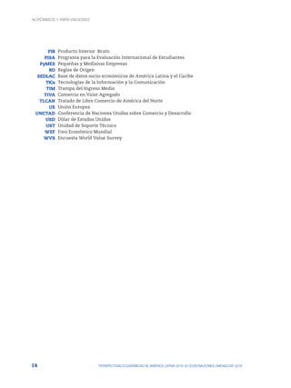 14 PERSPECTIVAS ECONÓMICAS DE AMÉRICA LATINA 2018: © OCDE/NACIONES UNIDAS/CAF 2018
PIB Producto Interior Bruto
PISA Programa para la Evaluación Internacional de Estudiantes
PyMES Pequeñas y Medianas Empresas
RO Reglas de Orígen
SEDLAC Base de datos socio-económicos de América Latina y el Caribe
TICs Tecnologías de la Información y la Comunicación
TIM Trampa del Ingreso Medio
TiVA Comercio en Valor Agregado
TLCAN Tratado de Libre Comercio de América del Norte
UE Unión Europea
UNCTAD Conferencia de Naciones Unidas sobre Comercio y Desarrollo
USD Dólar de Estados Unidos
UST Unidad de Soporte Técnico
WEF Foro Económico Mundial
WVS Encuesta World Value Survey
ACRÓNIMOS Y ABREVIACIONES
 