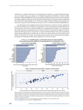 3. Instituciones para Estados que cumplan en América Latina y el Caribe
170 PERSPECTIVAS ECONÓMICAS DE AMÉRICA LATINA 2018 © OCDE/NACIONES UNIDAS/CAF 2018
también es un aspecto decisivo de la capacidad de un Estado. La imparcialidad de hecho
es un concepto clave que subyace a la calidad del gobierno (Rothstein y Teorell, 2008).
Refleja la responsabilidad de la burocracia gubernamental para prestar servicios, respetar
las reglas y aplicar y observar la ley sin temor ni favoritismo y de manera justa e imparcial
para todos (Van Houwelingen et al., 2015). Esto exige servidores públicos que apliquen las
normas y los procesos de acuerdo con la ley, así como un sistema judicial independiente.
Las administraciones públicas imparciales aumentan la confianza de los ciudadanos
en el sector público y en el gobierno en general, lo que incrementa la credibilidad de las
instituciones. De hecho, la imparcialidad de la administración pública se correlaciona
de manera positiva y significativa con menores índices de corrupción, según lo mide el
Índice de Percepción de la Corrupción a escala mundial (Gráfico 3.10). Esta correlación
sigue siendo significativa cuando solo se tienen en cuenta países de ALC (Gráfico 3.10,
Panel C). Dicho de otro modo, las personas que perciben que la administración pública
es imparcial también perciben que el gobierno es menos corrupto.
Gráfico 3.10. Clasificación y correlación entre la imparcialidad
de la administración pública y la percepción de la corrupción, 2017
0 2 4 6
Venezuela
Guatemala
México
Rep. Dominicana
Nicaragua
Bolivia
El Salvador
Argentina
Colombia
Ecuador
Perú
Brasil
Jamaica
Costa Rica
Uruguay
Chile
ALC
OCDE
Indice de imparcialidad (los valores más altos reflejan mayor
imparcialidad)
Panel A. Indice de imparcialidad
0 10 20 30 40 50 60 70 80
Venezuela
Nicaragua
Rep. Dominicana
Guatemala
Argentina
Bolivia
México
Ecuador
Colombia
El Salvador
Jamaica
Perú
Brasil
Costa Rica
Chile
Uruguay
ALC
OCDE
Indice de percepción de la corrupción (los valores más altos
indican menor corrupción)
Panel B. Indice de corrupción
0
1
2
3
4
5
6
7
0 10 20 30 40 50 60 70 80 90 100
Panel C. Correlación entre imparcialidad y corrupción en todos los países
Otros países ALC OCDE
Indice
de
imparcialidad
(los
valores
más
altos
reflejan
mayores
grados
de
imparcialidad)
Indice de percepción de la corrupción (los valores más altos indican menores grados de percepción de corrupción)
Nota: El grado de correlación es de 0.9007, significativo al nivel de 0.05%. El indicador de corrupción es el Índice
de Percepción de la Corrupción calculado por Transparencia Internacional. Va de 0 a 100 y los valores más bajos
indican mayor corrupción. La correlación se hace a escala mundial incluyendo todos los países de los que se
dispone de datos. En el caso de los países latinoamericanos, la correlación se mantiene significativa al nivel de
0.55% con un valor de 0.9244.
Fuente: OCDE/CEPAL/CAF, con base en Quality of Governance Database, Cross-section data, 2017.
12 http://dx.doi.org/10.1787/888933664725
 