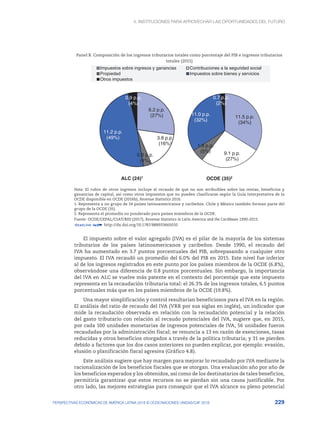4. INSTITUCIONES PARA APROVECHAR LAS OPORTUNIDADES DEL FUTURO
229
PERSPECTIVAS ECONÓMICAS DE AMÉRICA LATINA 2018 © OCDE/NACIONES UNIDAS/CAF 2018
Panel B. Composición de los ingresos tributarios totales como porcentaje del PIB e ingresos tributarios
totales (2015)
6.2 p.p.
(27%)
3.8 p.p.
(16%)
0.8 p.p.
(4%)
11.2 p.p.
(49%)
0.9 p.p,
(4%)
Impuestos sobre ingresos y ganancias Contribuciones a la seguridad social
Propiedad Impuestos sobre bienes y servicios
Otros impuestos
11.5 p.p.
(34%)
9.1 p.p.
(27%)
1.9 p.p.
(5%)
11.0 p.p.
(32%)
0.7 p.p.
(2%)
ALC (24)1 OCDE (35)2
Nota: El rubro de otros ingresos incluye el recaudo de que no son atribuibles sobre las rentas, beneficios y
ganancias de capital, así como otros impuestos que no pueden clasificarse según la Guía Interpretativa de la
OCDE disponible en OCDE (2016b), Revenue Statistics 2016.
1. Representa a un grupo de 24 países latinoamericanos y caribeños. Chile y México también forman parte del
grupo de la OCDE (35).
2. Representa el promedio no ponderado para países miembros de la OCDE.
Fuente: OCDE/CEPAL/CIAT/BID (2017), Revenue Statistics in Latin America and the Caribbean 1990-2015.
12 http://dx.doi.org/10.1787/888933665010
El impuesto sobre el valor agregado (IVA) es el pilar de la mayoría de los sistemas
tributarios de los países latinoamericanos y caribeños. Desde 1990, el recaudo del
IVA ha aumentado en 3.7 puntos porcentuales del PIB, sobrepasando a cualquier otro
impuesto. El IVA recaudó un promedio del 6.0% del PIB en 2015. Este nivel fue inferior
al de los ingresos registrados en este punto por los países miembros de la OCDE (6.8%),
observándose una diferencia de 0.8 puntos porcentuales. Sin embargo, la importancia
del IVA en ALC se vuelve más patente en el contexto del porcentaje que este impuesto
representa en la recaudación tributaria total: el 26.3% de los ingresos totales, 6.5 puntos
porcentuales más que en los países miembros de la OCDE (19.8%).
Una mayor simplificación y control resultarían beneficiosos para el IVA en la región.
El análisis del ratio de recaudo del IVA (VRR por sus siglas en inglés), un indicador que
mide la recaudación observada en relación con la recaudación potencial y la relación
del gasto tributario con relación al recaudo potenciales del IVA, sugiere que, en 2015,
por cada 100 unidades monetarias de ingresos potenciales de IVA, 56 unidades fueron
recaudadas por la administración fiscal; se renuncia a 13 en razón de exenciones, tasas
reducidas y otros beneficios otorgados a través de la política tributaria; y 31 se pierden
debido a factores que los dos casos anteriores no pueden explicar, por ejemplo: evasión,
elusión o planificación fiscal agresiva (Gráfico 4.8).
Este análisis sugiere que hay margen para mejorar lo recaudado por IVA mediante la
racionalización de los beneficios fiscales que se otorgan. Una evaluación año por año de
los beneficios esperados y los obtenidos, así como de los destinatarios de tales beneficios,
permitiría garantizar que estos recursos no se pierdan sin una causa justificable. Por
otro lado, las mejores estrategias para conseguir que el IVA alcance su pleno potencial
 