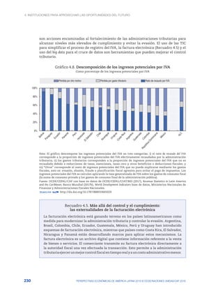 4. INSTITUCIONES PARA APROVECHAR LAS OPORTUNIDADES DEL FUTURO
230 PERSPECTIVAS ECONÓMICAS DE AMÉRICA LATINA 2018 © OCDE/NACIONES UNIDAS/CAF 2018
son acciones encaminadas al fortalecimiento de las administraciones tributarias para
alcanzar niveles más elevados de cumplimiento y evitar la evasión. El uso de las TIC
para simplificar el proceso de registro del IVA, la factura electrónica (Recuadro 4.5) y el
uso del big data para el cruce de datos son herramientas que pueden mejorar el control
tributario.
Gráfico 4.8. Descomposición de los ingresos potenciales por IVA
Como porcentaje de los ingresos potenciales por IVA
0%
20%
40%
60%
80%
100%
Pérdida por otro motivo Pérdida por gasto tributario Ratio de recaudo por IVA
Nota: El gráfico descompone los ingresos potenciales del IVA en tres categorías: i) el ratio de recaudo del IVA
corresponde a la proporción de ingresos potenciales del IVA efectivamente recaudados por la administración
tributaria; ii) los gastos tributarios corresponden a la proporción de ingresos potenciales del IVA que no es
recaudada debido a reducciones de tasas, exenciones, tasas cero y otros beneficios o deducciones fiscales; y
iii) “Otros” corresponde al resto de ingresos potenciales del IVA que no puede explicarse mediante los gastos
fiscales, esto es: evasión, elusión, fraude o planificación fiscal agresiva para evitar el pago de impuestos. Los
ingresos potenciales del IVA se calculan aplicando la tasa generalizada de IVA sobre los gastos de consumo final
(la suma de consumo privado y los gastos de consumo final de la administración pública).
Fuente: OCDE/CEPAL/CAF con base en datos de OCDE/CEPAL/CIAT/BID (2017), Revenue Statistics in Latin America
and the Caribbean; Banco Mundial (2017b), World Development Indicators base de datos, Ministerios Nacionales de
Finanzas y Administraciones Fiscales Nacionales.
12 http://dx.doi.org/10.1787/888933665029
Recuadro 4.5. Más allá del control y el cumplimiento:
las externalidades de la facturación electrónica
La facturación electrónica está ganando terreno en los países latinoamericanos como
medida para modernizar la administración tributaria y controlar la evasión. Argentina,
Brasil, Colombia, Chile, Ecuador, Guatemala, México, Perú y Uruguay han introducido
esquemas de facturación electrónica, mientras que países como Costa Rica, El Salvador,
Nicaragua y Panamá están desarrollando marcos para aplicar estos mecanismos. La
factura electrónica es un archivo digital que contiene información referente a la venta
de bienes o servicios. El comerciante transmite su factura electrónica directamente a
la autoridad fiscal una vez efectuada la transacción. Esto permite a la administración
tributariaejercerunmejorcontrolfiscalentiemporealyauncostoadministrativomenor.
 