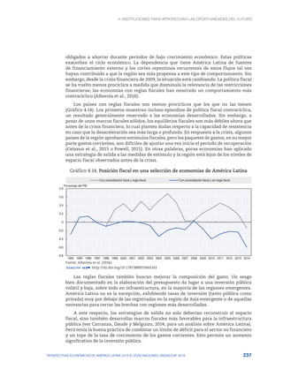4. INSTITUCIONES PARA APROVECHAR LAS OPORTUNIDADES DEL FUTURO
237
PERSPECTIVAS ECONÓMICAS DE AMÉRICA LATINA 2018 © OCDE/NACIONES UNIDAS/CAF 2018
obligados a ahorrar durante períodos de bajo crecimiento económico. Estas políticas
exacerban el ciclo económico. La dependencia que tiene América Latina de fuentes
de financiamiento externo y los cortes repentinos recurrentes de estos flujos tal vez
hayan contribuido a que la región sea más propensa a este tipo de comportamiento. Sin
embargo, desde la crisis financiera de 2009, la situación está cambiando. La política fiscal
se ha vuelto menos procíclica a medida que disminuía la relevancia de las restricciones
financieras; las economías con reglas fiscales han mostrado un comportamiento más
contracíclico (Alberola et al., 2016).
Los países con reglas fiscales son menos procíclicos que los que no las tienen
(Gráfico 4.14). Los primeros muestran incluso episodios de política fiscal contracíclica,
un resultado generalmente reservado a las economías desarrolladas. Sin embargo, a
pesar de unos marcos fiscales sólidos, los equilibrios fiscales son más débiles ahora que
antes de la crisis financiera, lo cual plantea dudas respecto a la capacidad de resistencia
en caso que la desaceleración sea más larga o profunda. En respuesta a la crisis, algunos
países de la región aprobaron estímulos fiscales, pero los paquetes de gastos, en su mayor
parte gastos corrientes, son difíciles de ajustar una vez inicia el período de recuperación
(Celasun et al., 2015 o Powell, 2015). En otras palabras, pocas economías han aplicado
una estrategia de salida a las medidas de estímulo y la región está lejos de los niveles de
espacio fiscal observados antes de la crisis.
Gráfico 4.14. Posición fiscal en una selección de economías de América Latina
-0.8
-0.6
-0.4
-0.2
0
0.2
0.4
0.6
0.8
1994 1995 1996 1997 1998 1999 2000 2001 2002 2003 2004 2005 2006 2007 2008 2009 2010 2011 2012 2013 2014
Con consolidación fiscal y regla fiscal Con consolidación fiscal y sin regla fiscal
Porcentaje del PIB
Fuente: Alberola et al. (2016).
12 http://dx.doi.org/10.1787/888933665143
Las reglas fiscales también buscan mejorar la composición del gasto. Un sesgo
bien documentado en la elaboración del presupuesto da lugar a una inversión pública
volátil y baja, sobre todo en infraestructura, en la mayoría de las regiones emergentes.
América Latina no es la excepción, exhibiendo tasas de inversión (tanto pública como
privada) muy por debajo de las registradas en la región de Asia emergente o de aquellas
necesarias para cerrar las brechas con regiones más desarrolladas.
A este respecto, las estrategias de salida no solo deberían reconstruir el espacio
fiscal, sino también desarrollar marcos fiscales más favorables para la infraestructura
pública (ver Carranza, Daude y Melguizo, 2014, para un análisis sobre América Latina).
Perú tenía la buena práctica de combinar un límite de déficit para el sector no financiero
y un tope de la tasa de crecimiento de los gastos corrientes. Esto permite un aumento
significativo de la inversión pública.
 