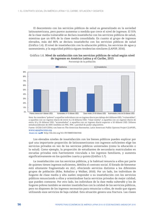1. El contrato social en América Latina y el Caribe: situación y desafíos
56 PERSPECTIVAS ECONÓMICAS DE AMÉRICA LATINA 2018: © OCDE/NACIONES UNIDAS/CAF 2018
El descontento con los servicios públicos de salud es generalizado en la sociedad
latinoamericana, pero parece aumentar a medida que crece el nivel de ingresos. El 55%
de la clase media vulnerable se declara insatisfecho con los servicios públicos de salud,
mientras que un 60% de la clase media consolidada. En cuanto al grupo de ingresos
elevados, más del 80% se declara insatisfecho con los servicios públicos de salud
(Gráfico 1.6). El nivel de insatisfacción con la educación pública, los servicios de agua y
saneamiento, y la seguridad pública siguen tendencias similares (LAPOP, 2016).
Gráfico 1.6. Nivel de satisfacción con los servicios públicos de salud según nivel
de ingresos en América Latina y el Caribe, 2015
Porcentaje de la población
0%
10%
20%
30%
40%
50%
60%
70%
80%
90%
Pobres (menos de 4 dólares USD) Vulnerables (4-10 dólares USD) Clase media (10-50 dólares USD) Acomodados (más de 50 dólares USD)
Satisfechos Insatisfechos
Nota: Se considera “pobres” a aquellos individuos con un ingreso diario por debajo de 4 dólares USD; “vulnerables”,
a aquellos con un ingreso diario de entre 4 y 10 dólares USD; “clase media”, a aquellos con un ingreso diario de
entre 10 y 50 dólares USD; “acomodados”, a aquellos con un ingreso diario superior a 50 dólares USD. Dólares
estadounidenses de 2005 medidos en PPA. PPA = paridad de poder adquisitivo.
Fuente: OCDE/CAF/CEPAL con base en The Americas-Barometer, Latin American Public Opinion Project (LAPOP),
www.LapopSurveys.org.
12 http://dx.doi.org/10.1787/888933663566
Los elevados niveles de insatisfacción con los bienes públicos pueden explicar por
qué una importante proporción de latinoamericanos con ingresos suficientes elige los
servicios privados en vez de los servicios públicos universales (como la educación o
la salud). Como ejemplo, la proporción de estudiantes de secundaria matriculados en
escuelas privadas está fuertemente vinculada a los ingresos familiares, y aumenta
significativamente en los quintiles cuarto y quinto (Gráfico 1.7).
La insatisfacción con los servicios públicos, y la habitual renuncia a ellos por parte
de quienes tienen ingresos suficientes, debilita el contrato social. El Estado de bienestar
está altamente fragmentado en ALC, ofreciendo servicios distintos a los diferentes
grupos de población (Ribe, Robalino y Walker, 2010). Por un lado, los individuos de
hogares de clase media y alta suelen responder a su insatisfacción con los servicios
públicos renunciando a ellos y orientándose hacia servicios privados de mejor calidad,
que pueden costearse. Por otro lado, los individuos de la clase media vulnerable y los de
hogares pobres también se sienten insatisfechos con la calidad de los servicios públicos,
pero no disponen de los ingresos necesarios para renunciar a ellos, de modo que siguen
utilizando esos servicios de baja calidad. Esta situación genera una fractura. Las clases
 
